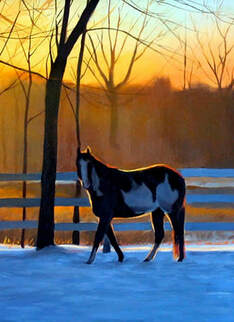 Oil painting of horse in the sunset
