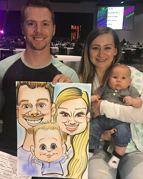 Black Bear Casino in MN had 5 Airbrush Caricature Artist this year at their Winter Party.  I have been participating in this event for seven years or so. Many of their employees have Caricature Collections up on their walls. The  couple with a baby I drew a few years ago and they of course needed an update with this cute new addition! 